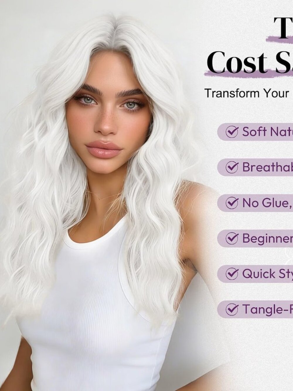 BARSDAR Long Wavy White Platinum Blonde U-Shaped Lace Front Wig